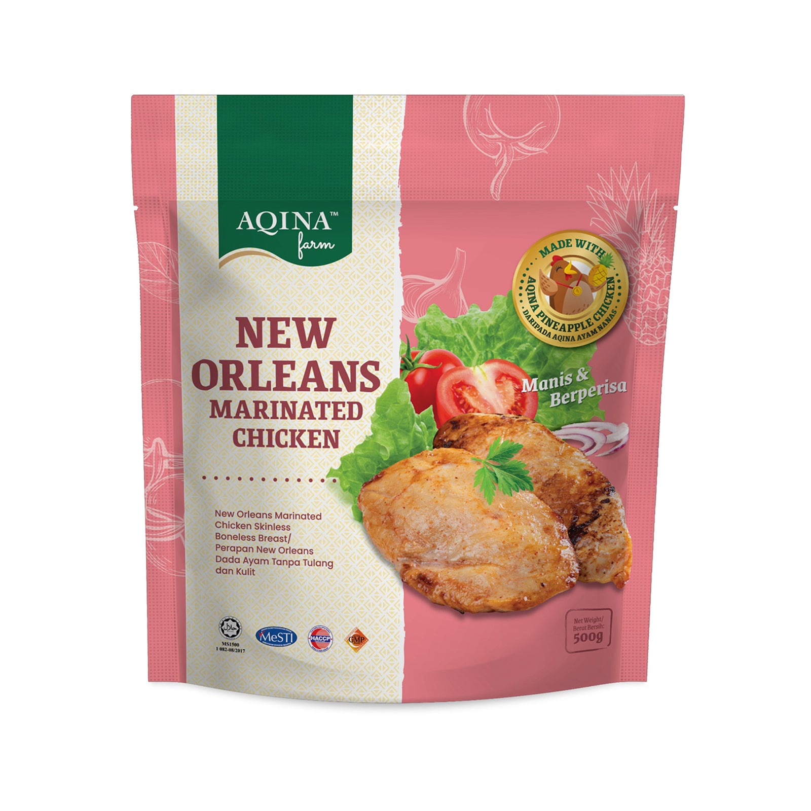 Aqina Frozen New Orleans Skinless Boneless Chicken Breast 500g